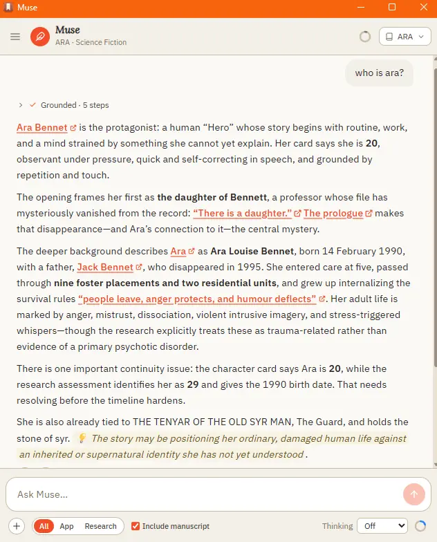 Muse answering from the manuscript with linked citations