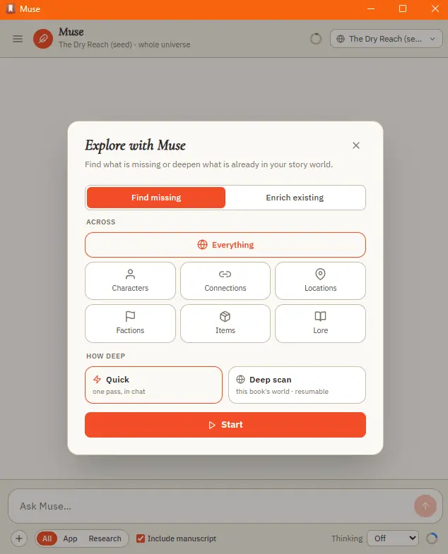 Muse proposing story-world entries from an existing book