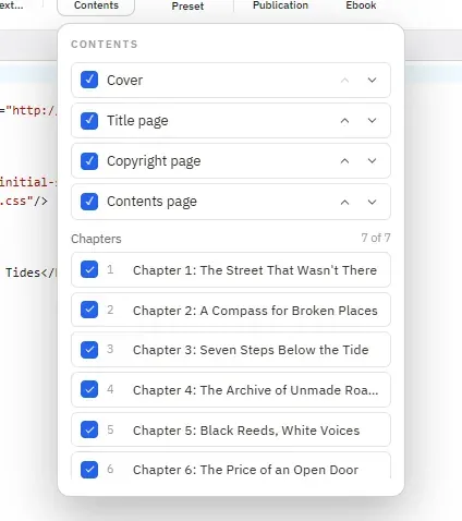 The front- and back-matter menu