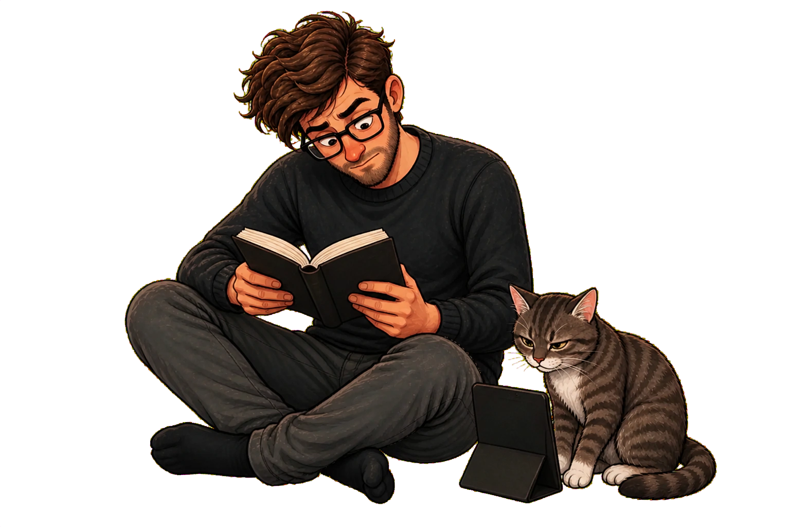 Calvin and Muse — Calvin holds the finished print book while Muse checks the e-reader preview; neutral comparison cards remain unbranded.