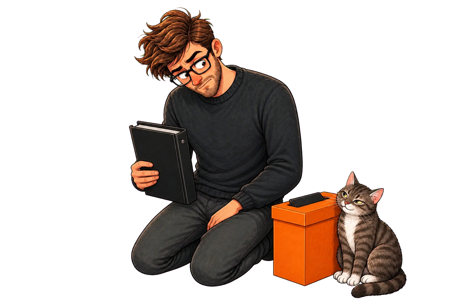 Calvin and Muse — Calvin compares a cloud-labelled notebook and a local file folder while Muse sits beside the local copy; balanced rather than alarmist.