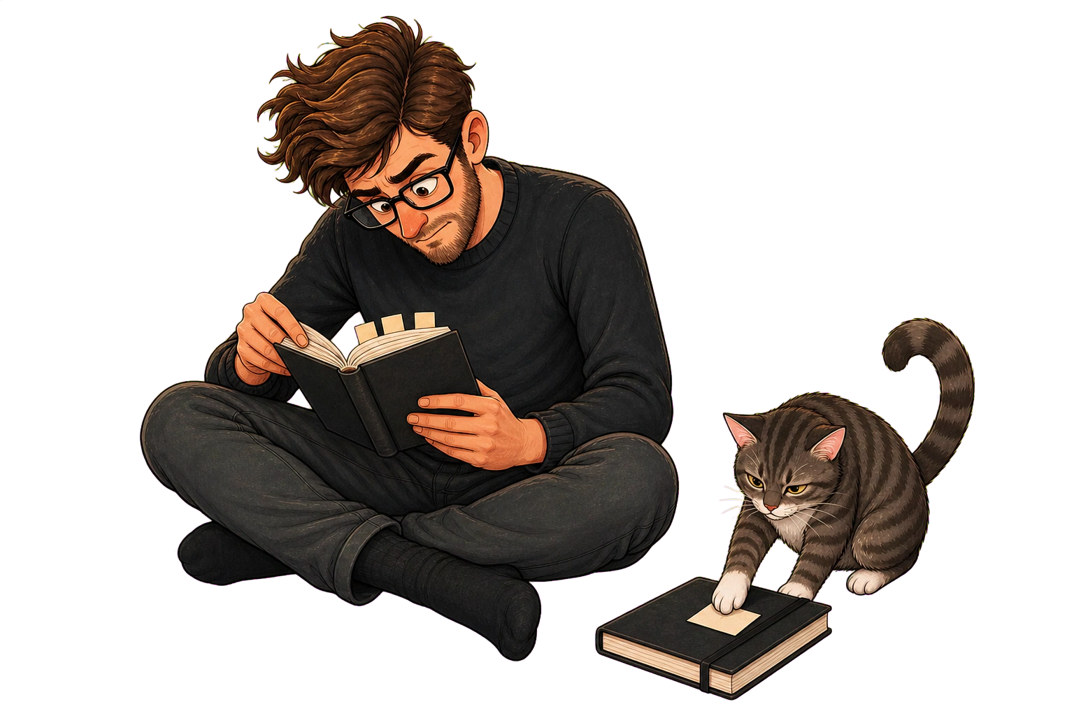 Calvin and Muse — Calvin studies two connected knowledge maps while Muse follows citation threads back to a manuscript page.