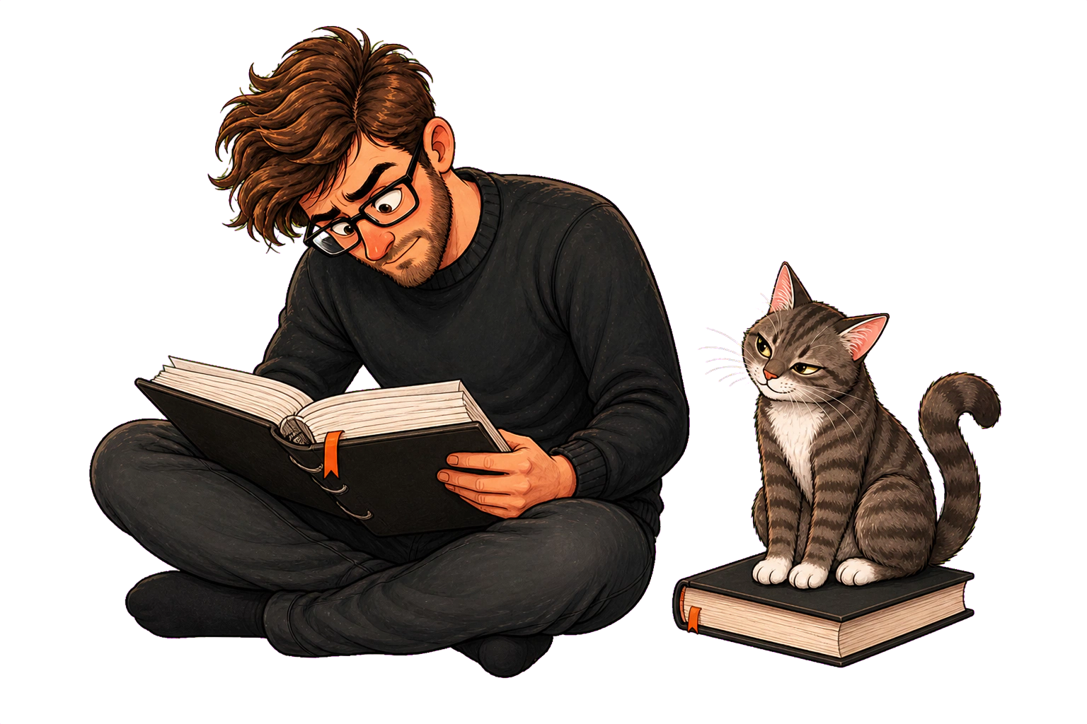 Calvin and Muse — Calvin and Muse inspect two clearly unbranded writing-workflow notebooks with a magnifying glass; neutral evaluation, no winner podium.