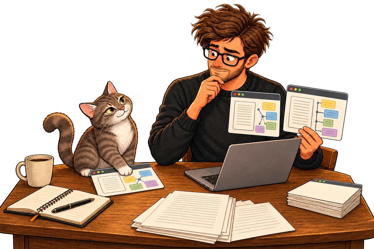 Calvin compares writing app layouts at his desk while Muse chooses one with a paw beside the laptop
