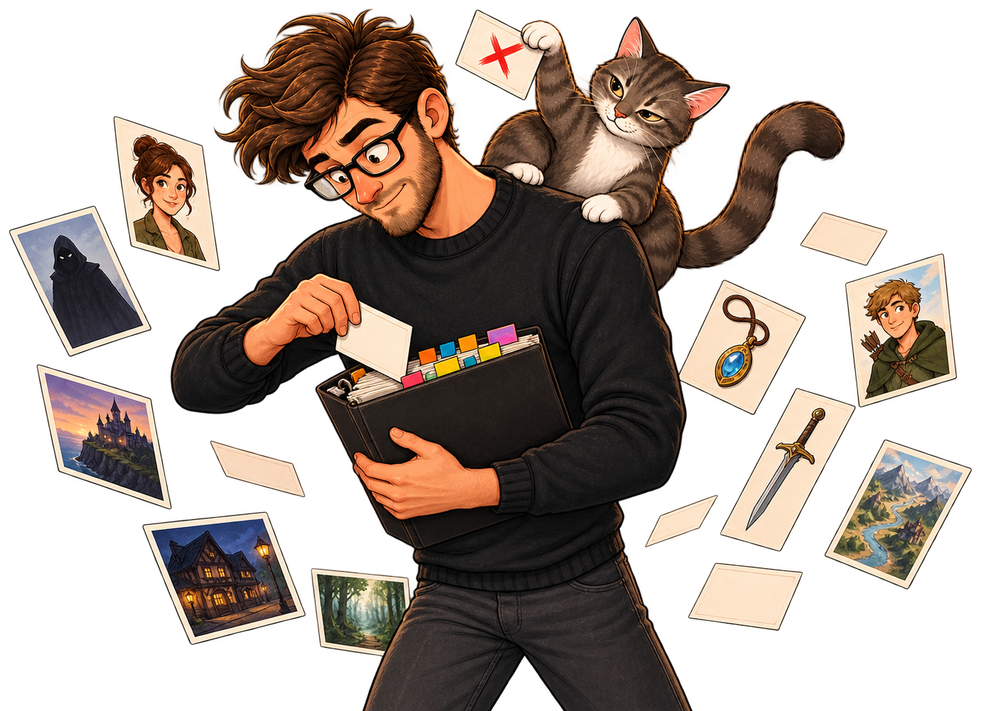 Calvin files story-world cards into one binder while Muse catches a contradiction behind him