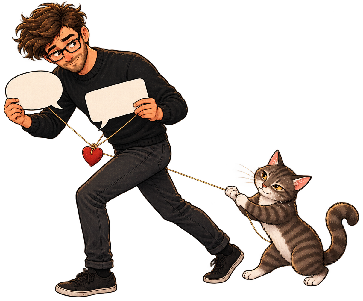 Calvin holds two speech cards while Muse reveals the thread connecting what lies beneath them