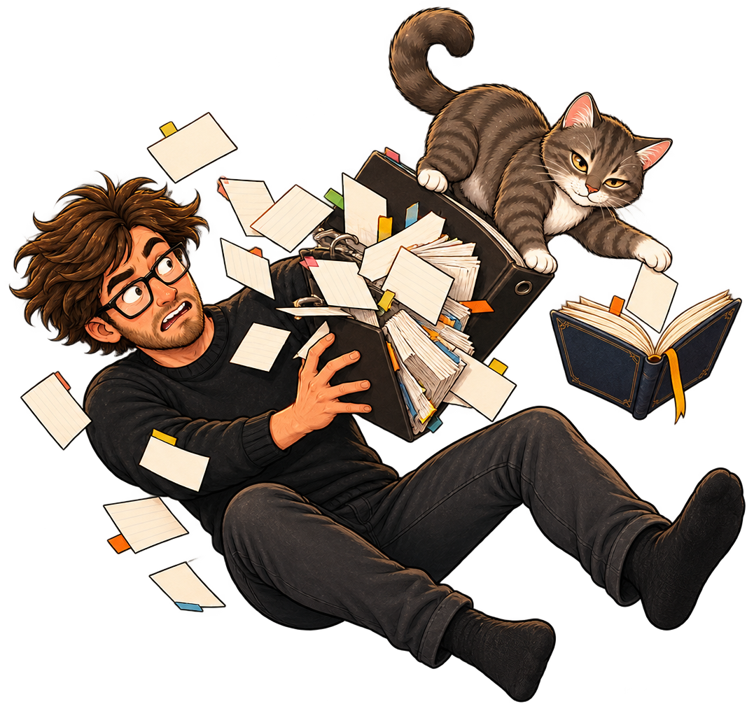 A binder spills facts over Calvin while Muse selects the one card the story needs