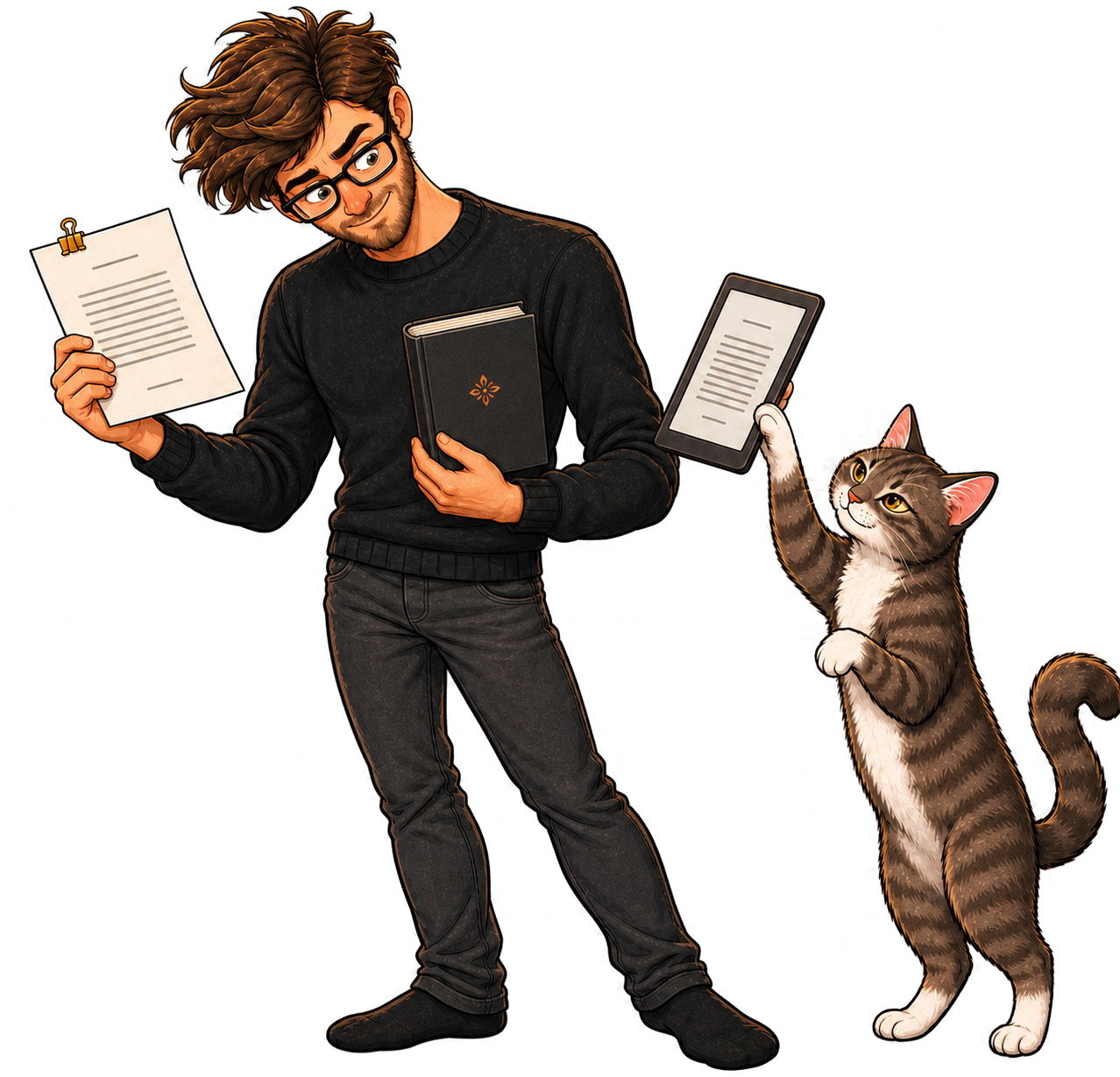 Calvin compares a manuscript with a finished clothbound book while Muse holds the e-reader edition