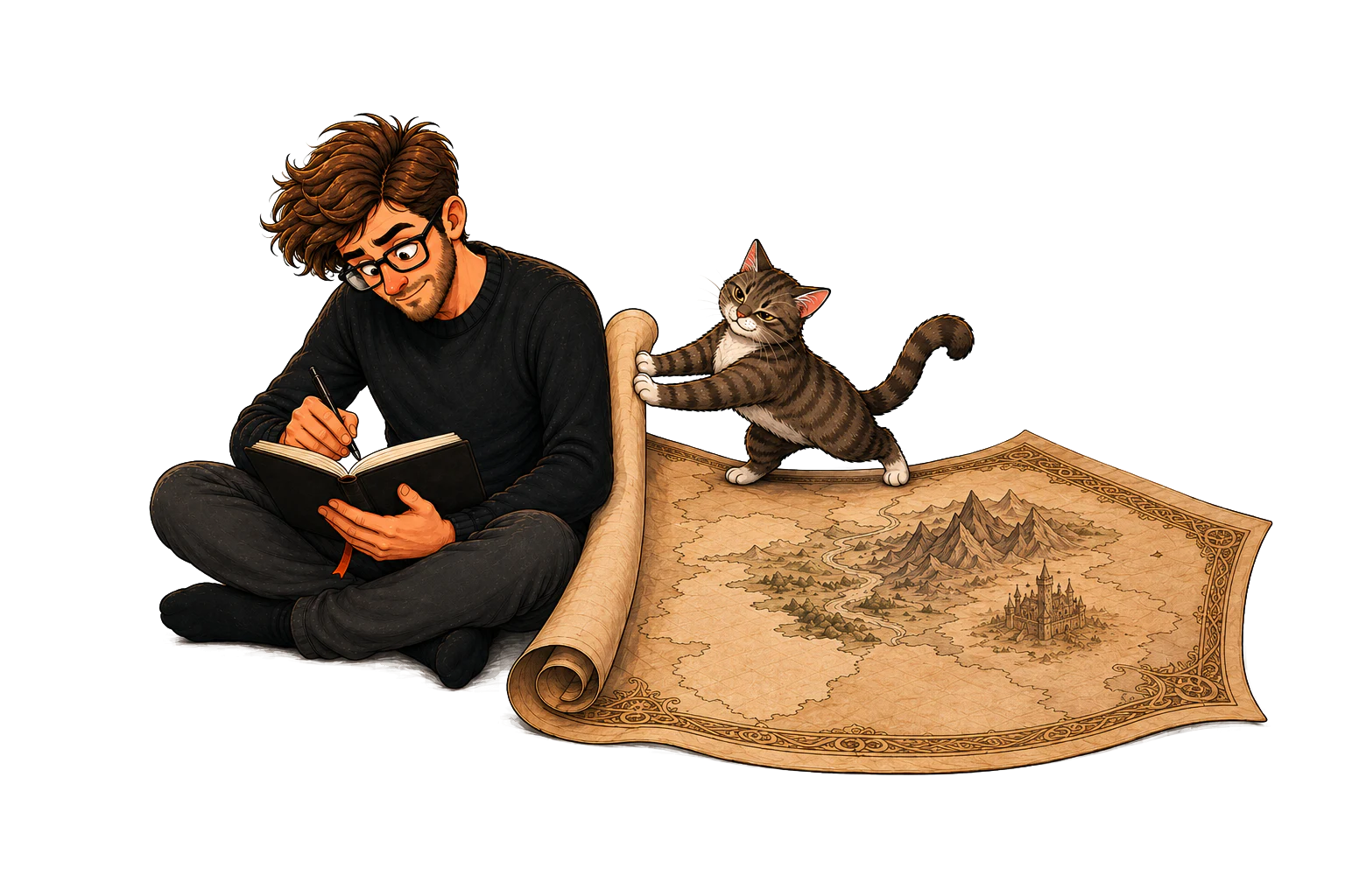 Calvin writes the story while Muse pushes an unfinished fantasy map out of his way