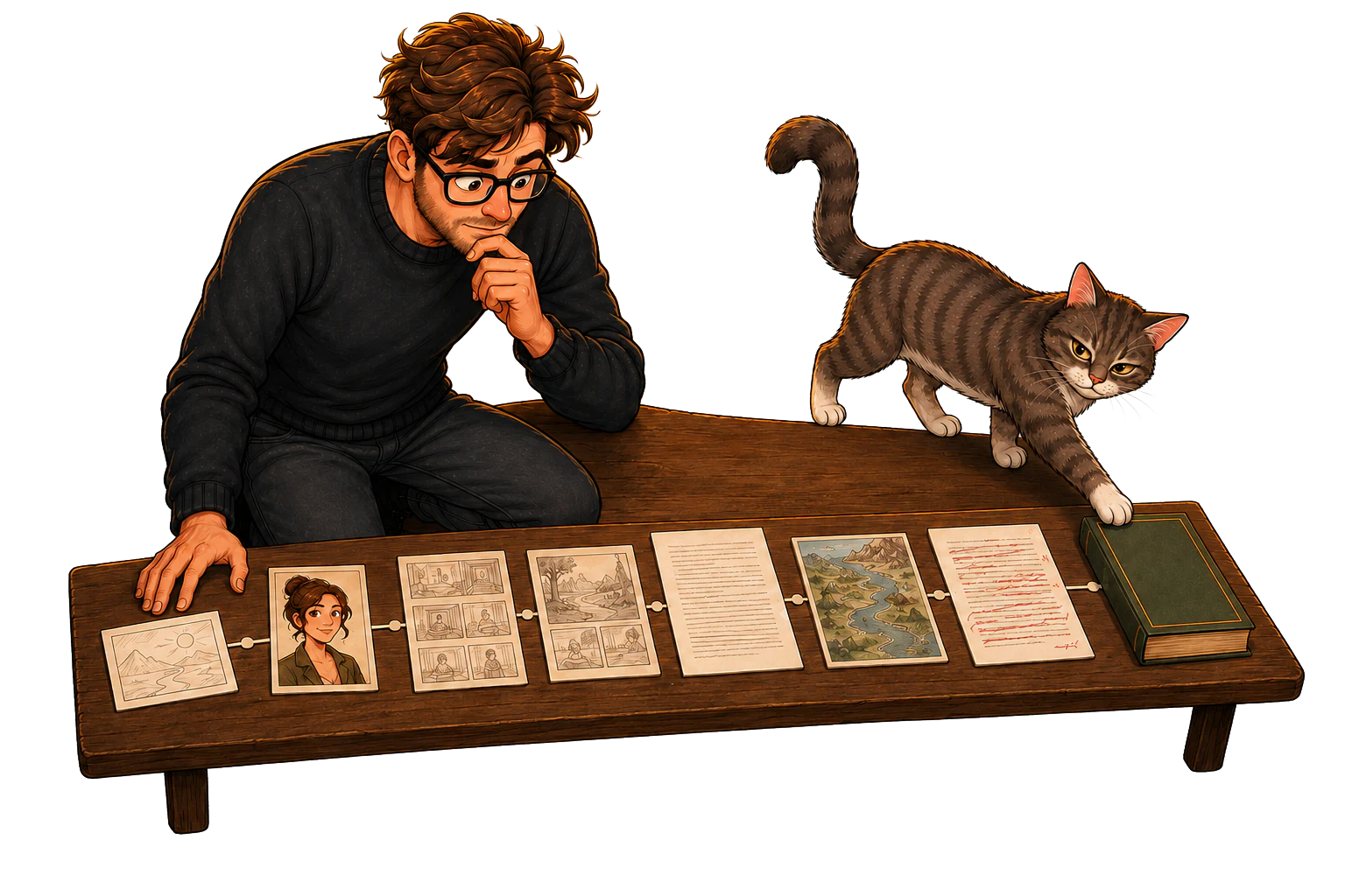 Calvin arranges each stage of a novel along a worktable while Muse nudges the finished book into place