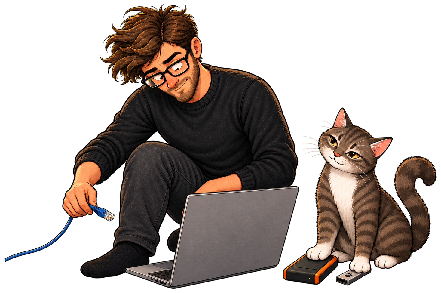 Calvin disconnects the network while Muse guards two local backup copies