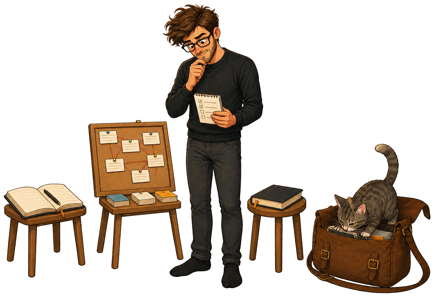 Calvin compares writing tools while Muse tests whether the whole workflow fits in one satchel