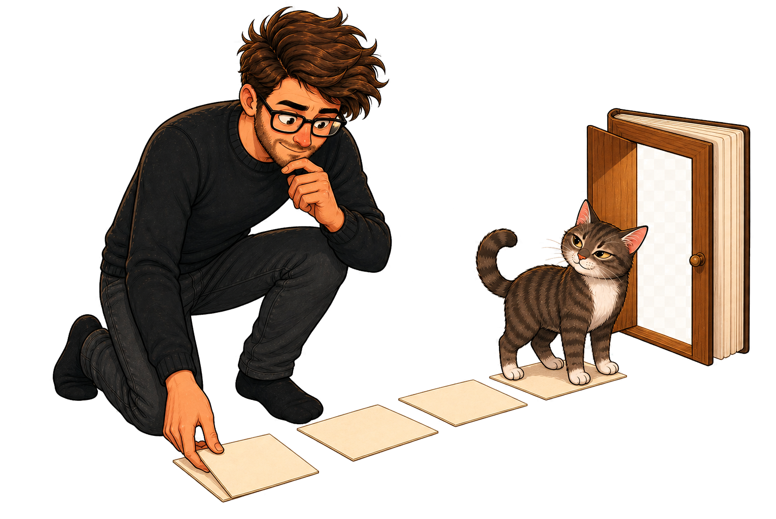 Calvin lays scene cards like stepping stones while Muse waits at the final turn