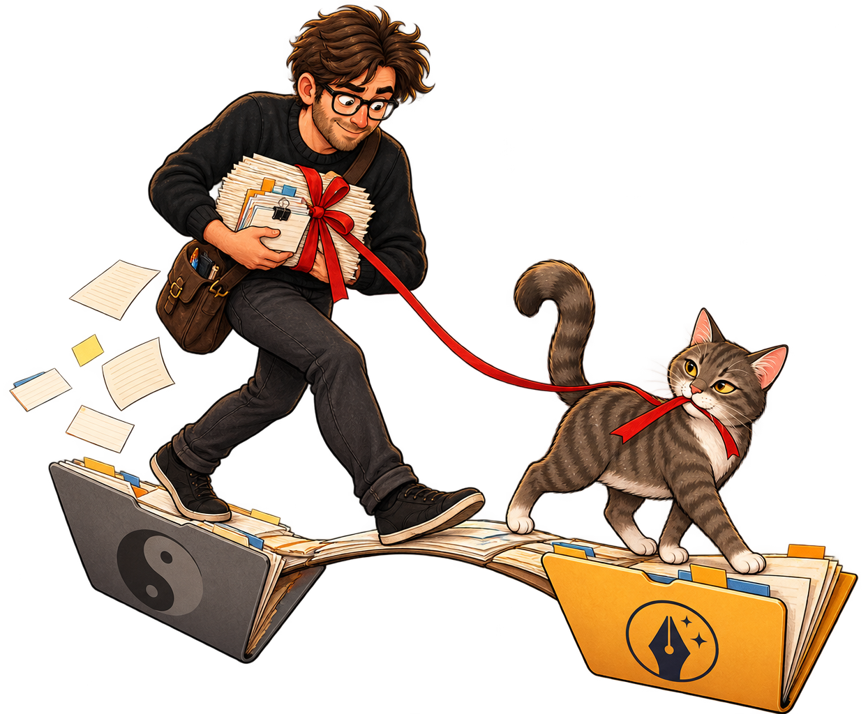 Calvin carries a tied manuscript archive between folders while Muse keeps the ribbon secure