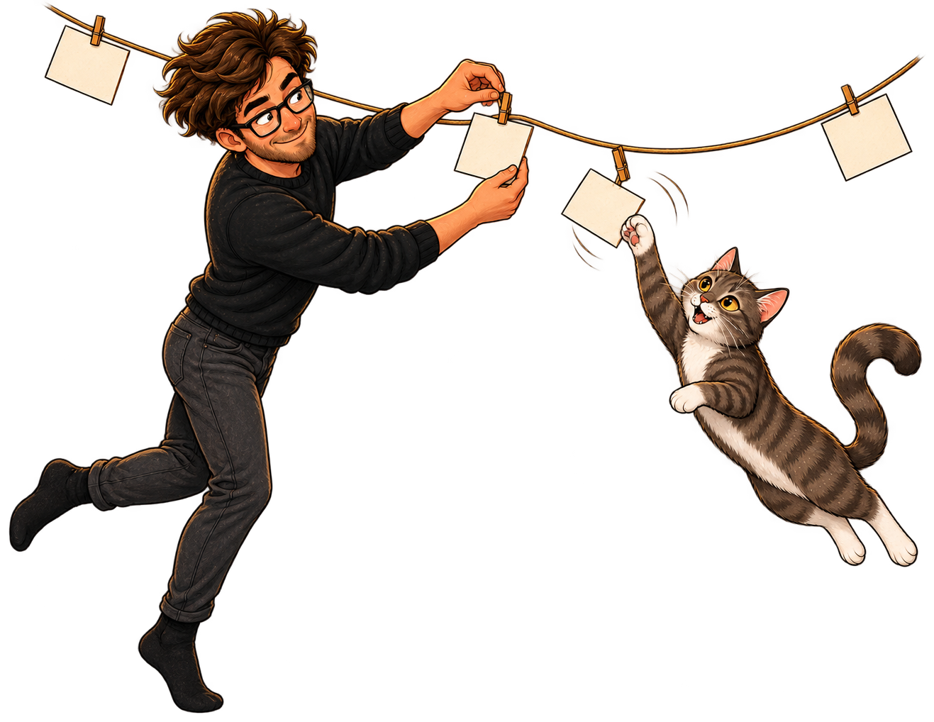 Calvin pins turning-point cards along an arc while Muse leaps to catch the slipping card