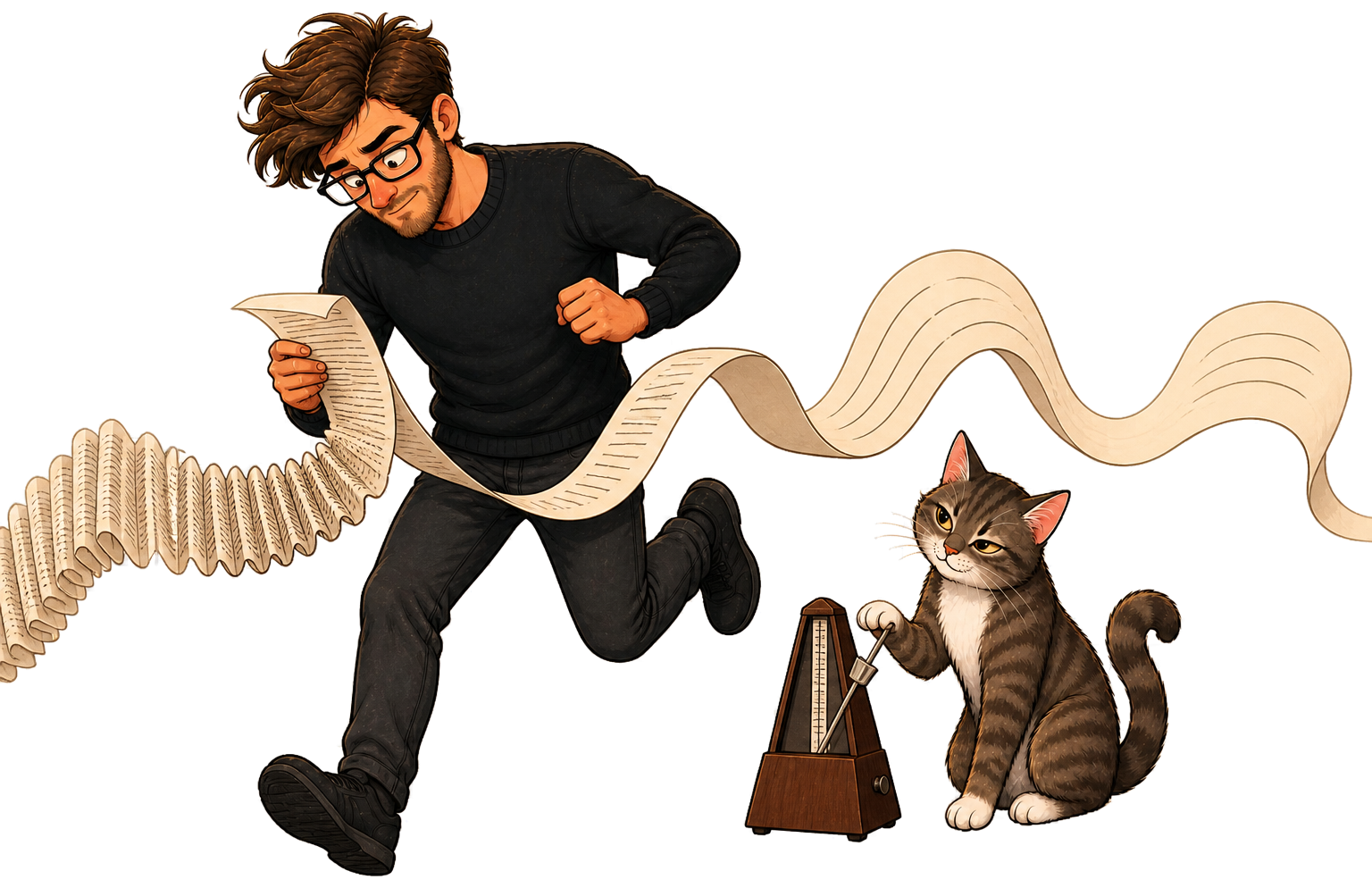 Calvin runs beside a manuscript that bunches and stretches while Muse controls the metronome