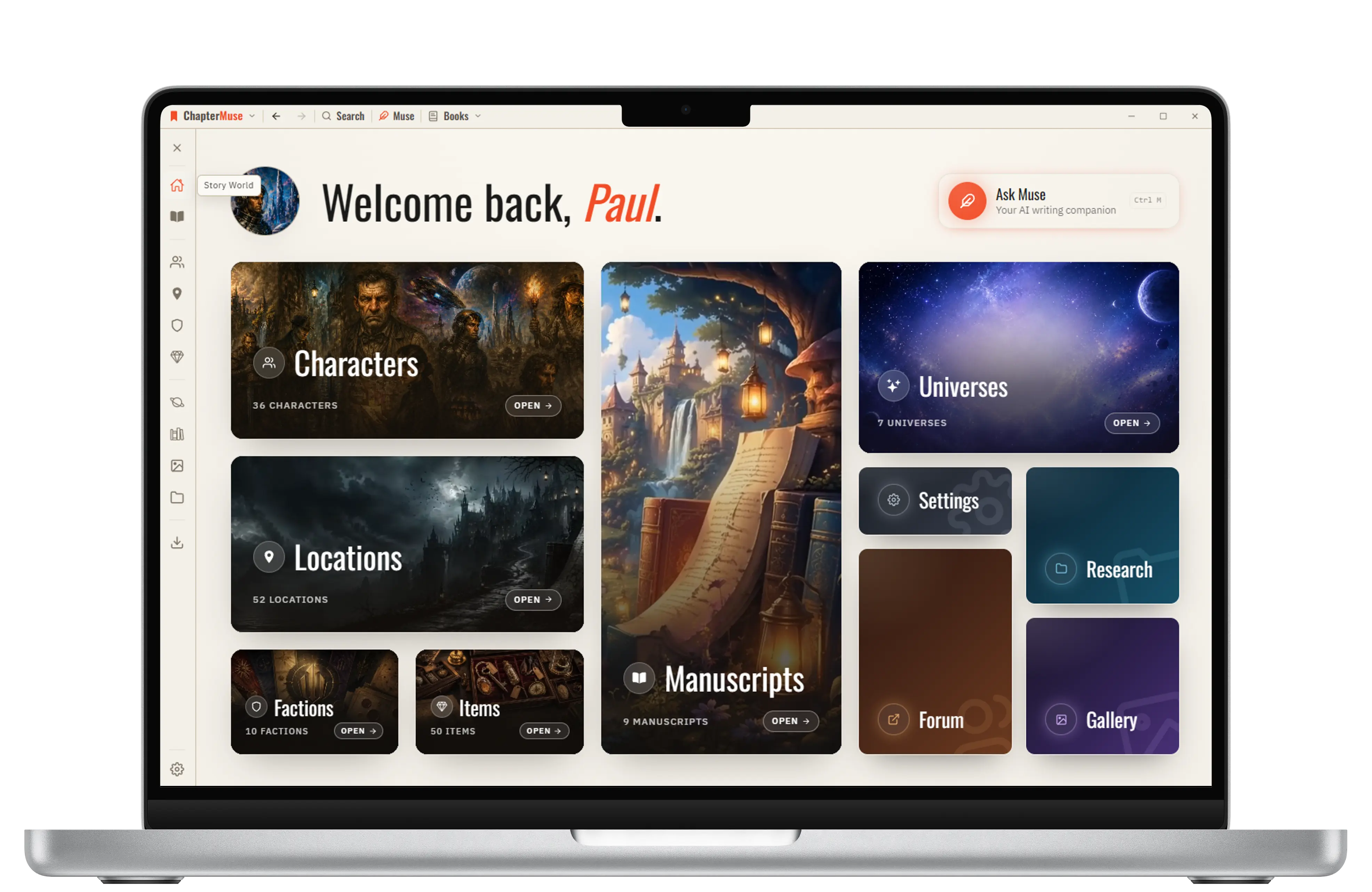 ChapterMuse open on a laptop showing the connected story world and writing studio