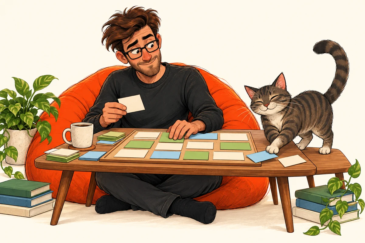 Calvin lays out his story cards while Muse helps rearrange the plan