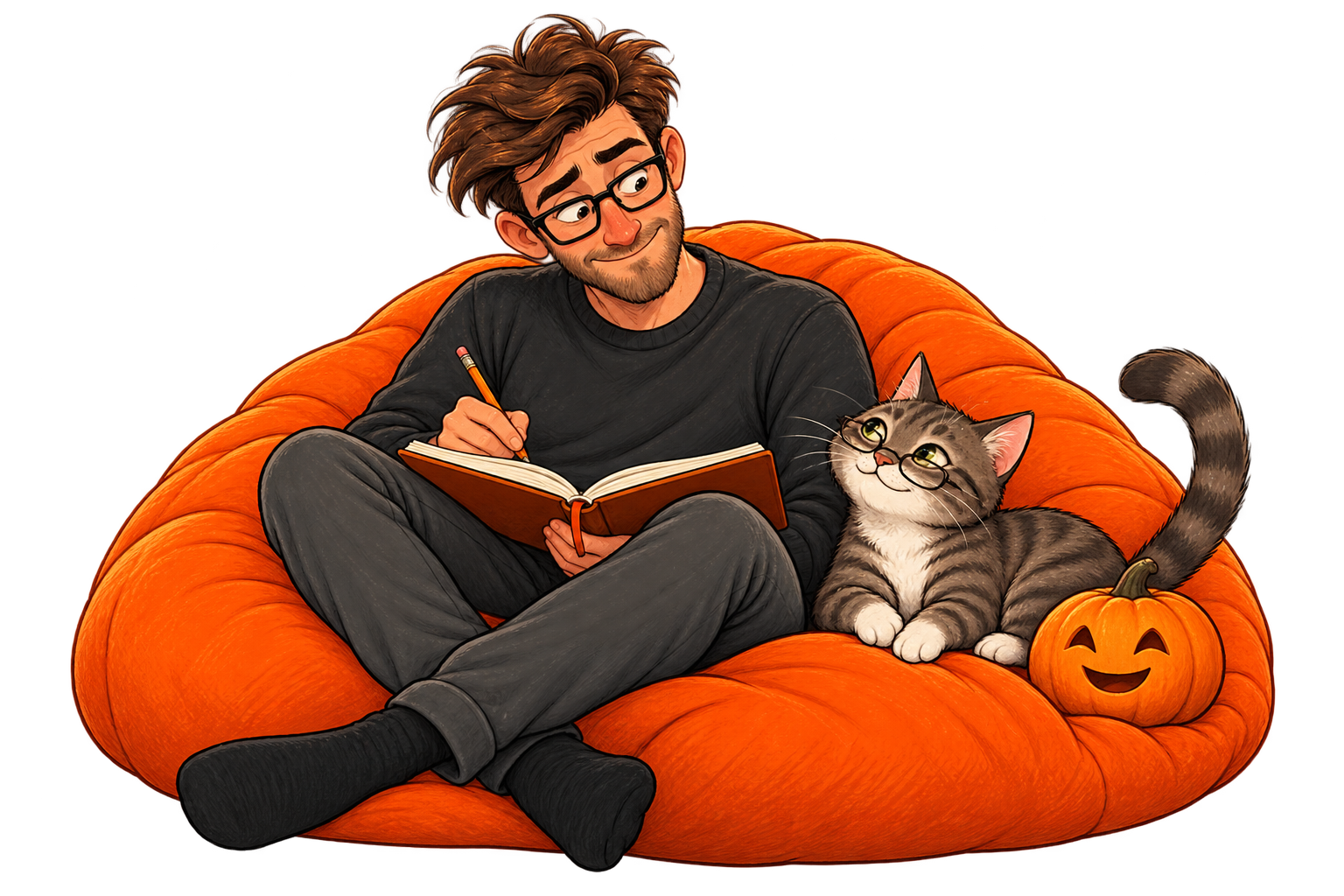 Calvin writes in a notebook on his orange beanbag while Muse, his bespectacled tabby cat, sits beside a smiling pumpkin.